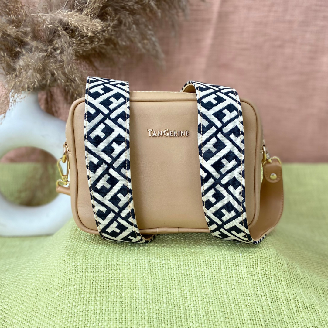 Beige Dual Compartment Bag with Black T-Shape Belt + Mini Wallet Combo