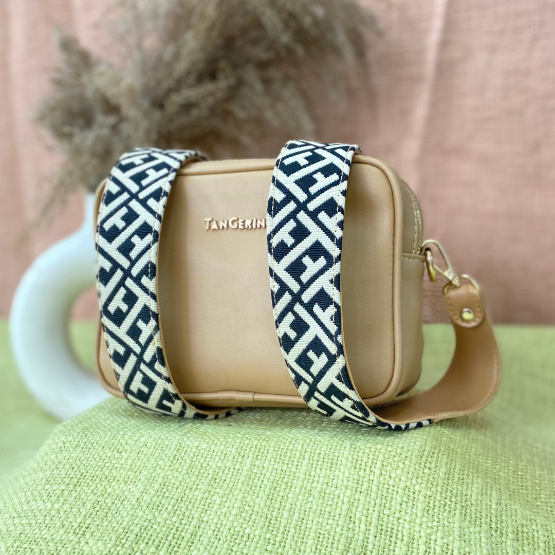 Beige Dual Compartment Bag with Black T-Shape Belt.