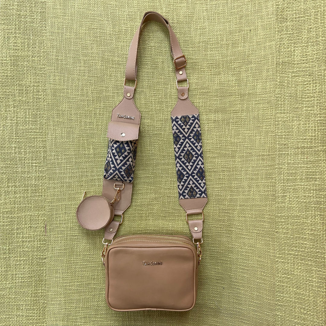 Beige Dual Compartment + Beige with Black &amp; White Diamond plain Pochette Belt