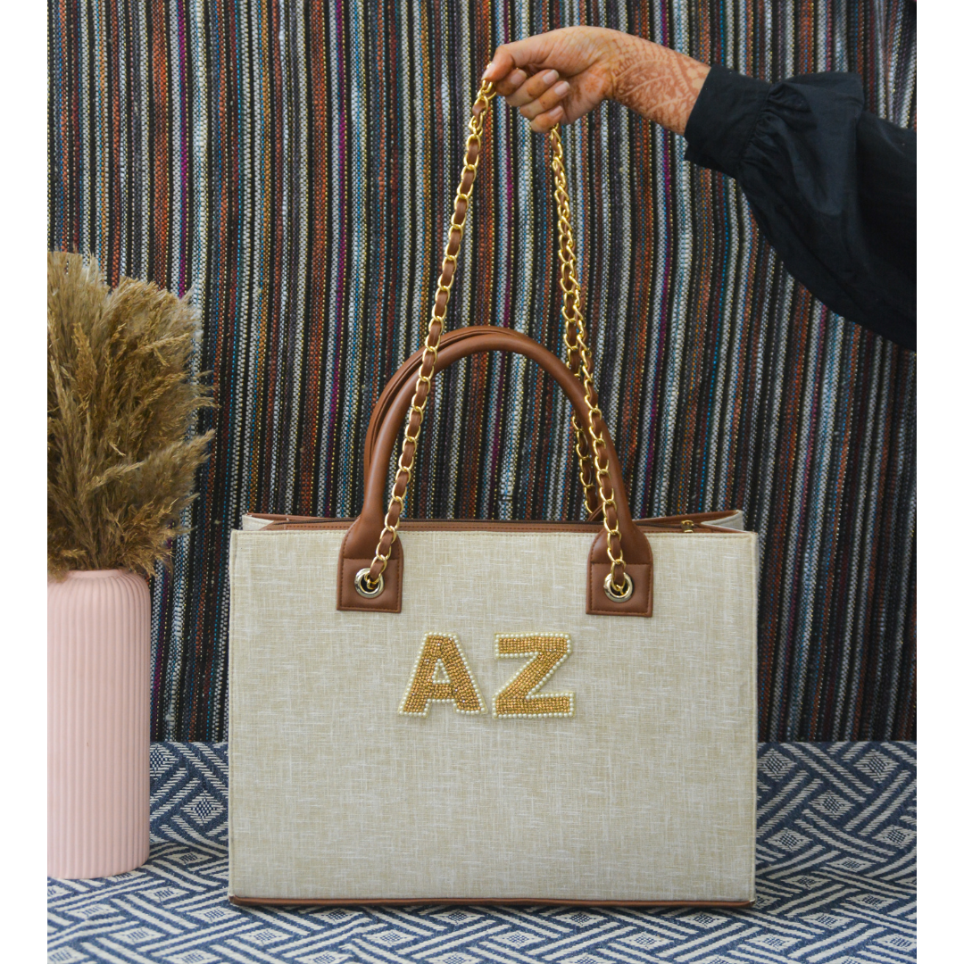 Beige with Brown Trims Chain Tote Handwork (2 initials)