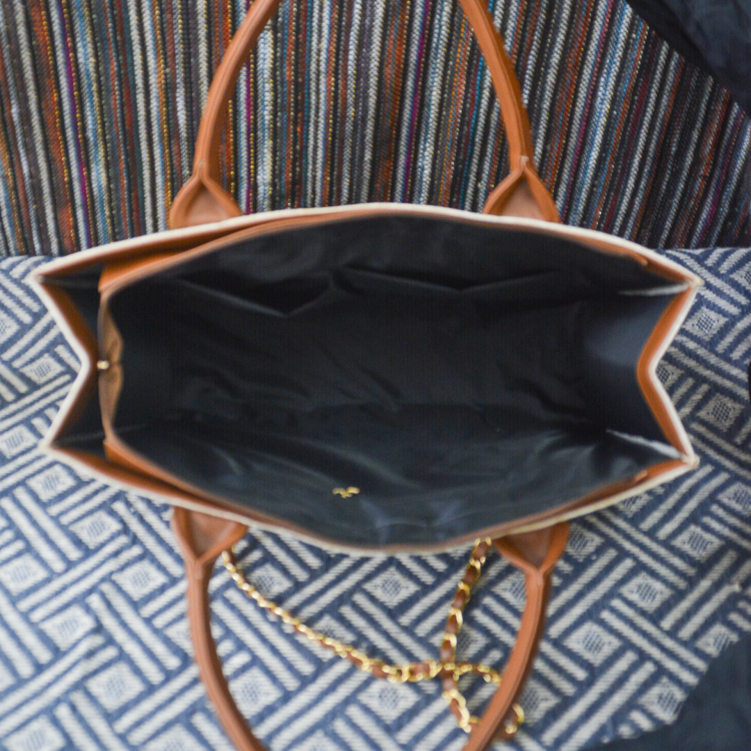 Beige with Brown Trims Chain Tote Handwork (2 initials)