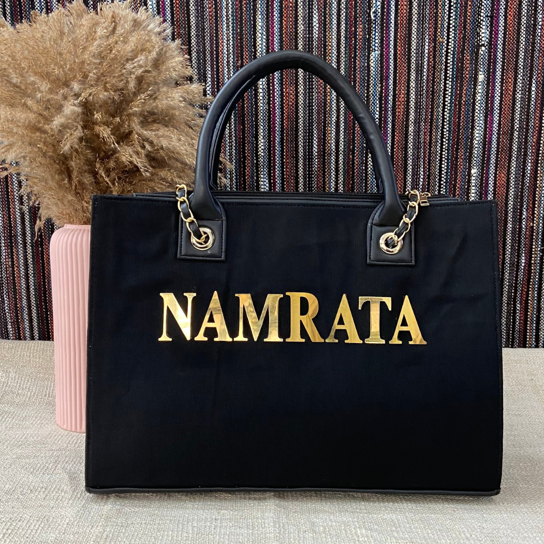 Black Canvas Chain Tote Metal Full Name (1 Line Initials)