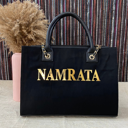 Black Canvas Chain Tote Metal Full Name (1 Line Initials)