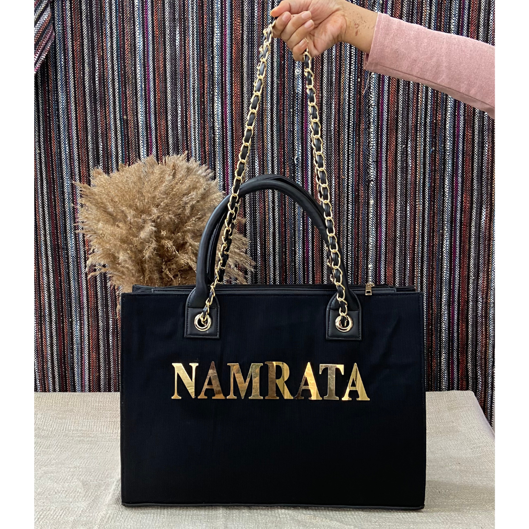 Black Canvas Chain Tote Metal Full Name (1 Line Initials)