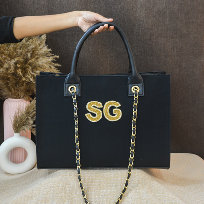 Black Canvas Chain Tote Handwork (2 Initials)