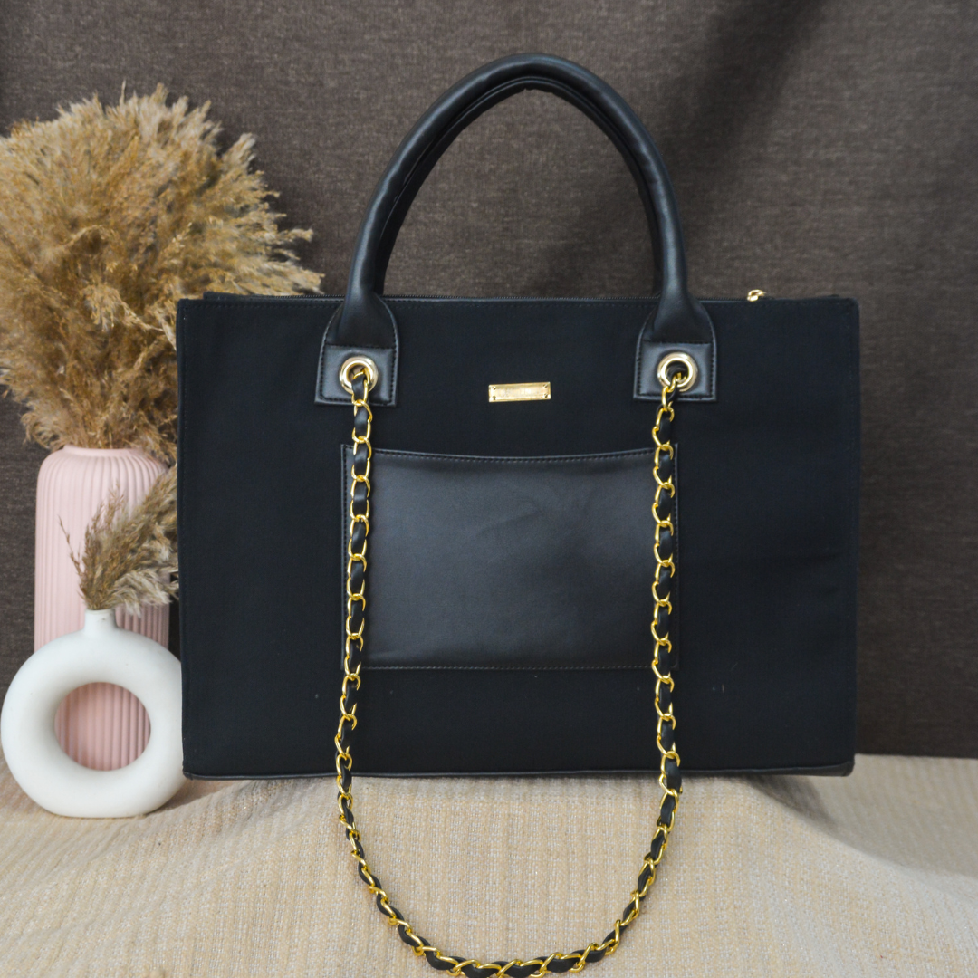 Black Canvas Chain Tote Handwork (2 Initials)