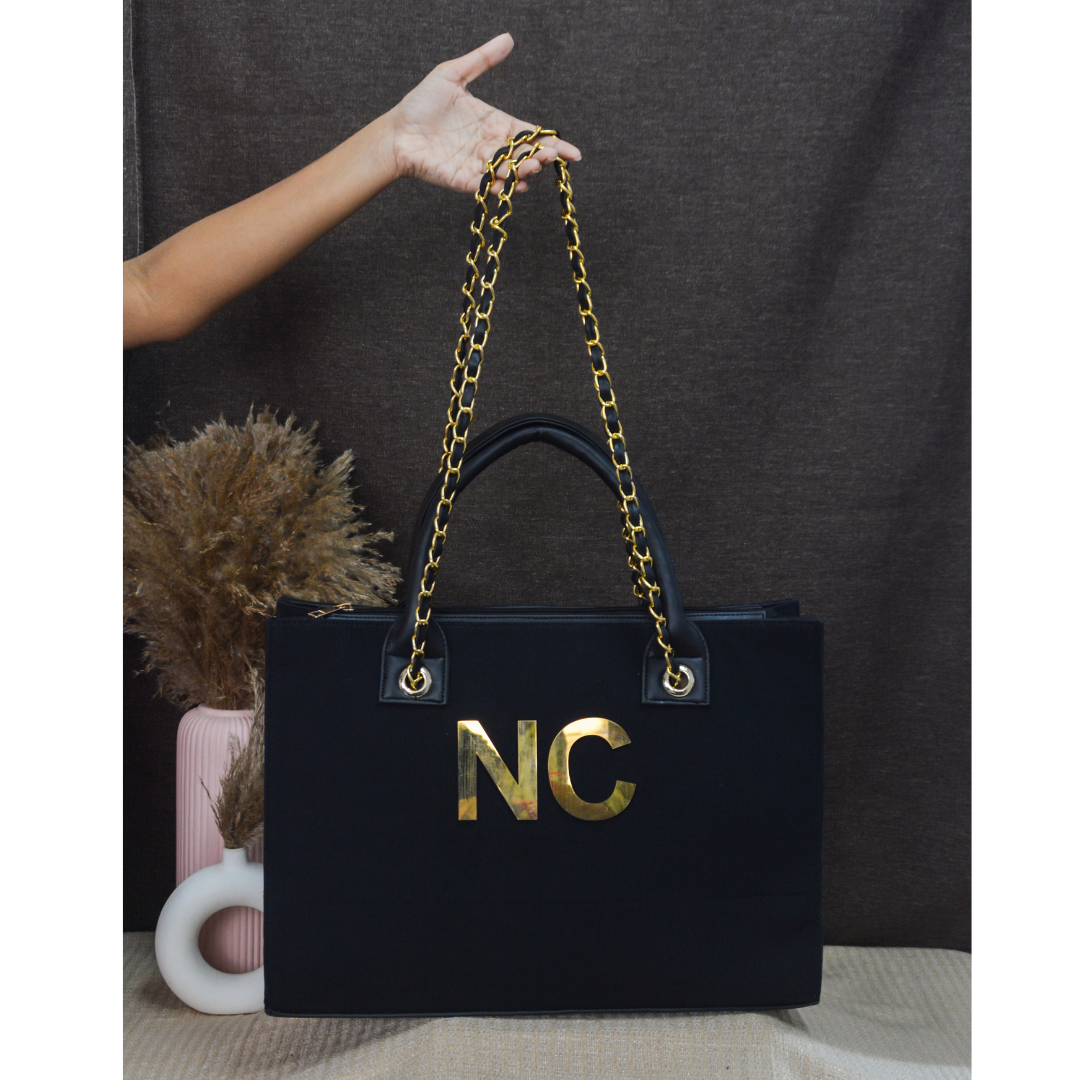 Black Canvas Chain Tote Metal (2 Initials)