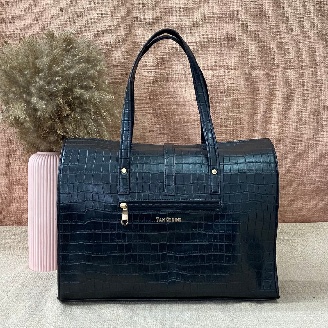 Black Croc Embossed with Black Swede Leera 16inch Bag + Big Wallet Combo
