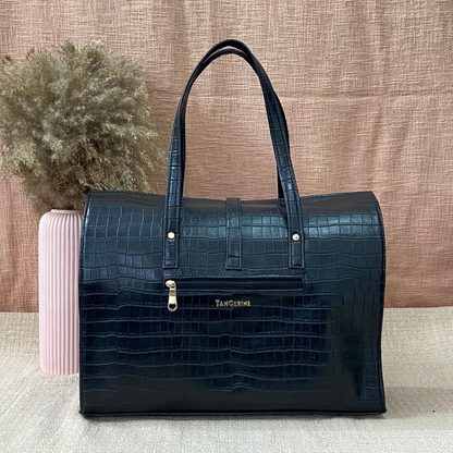 Black Croc Embossed with Black Swede Leera 16inch Bag + Big Wallet Combo