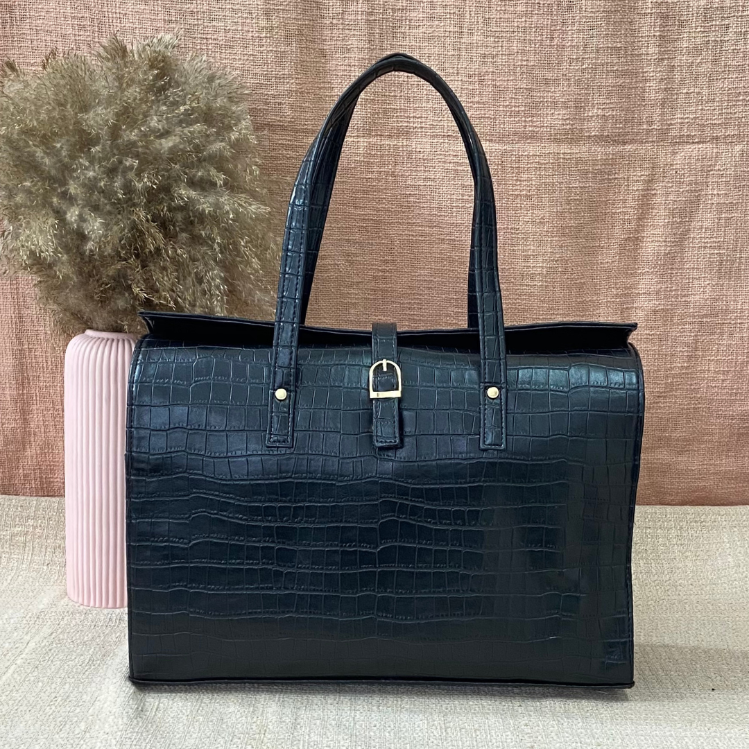 Black Croc Embossed with Black Swede Leera 16inch Bag