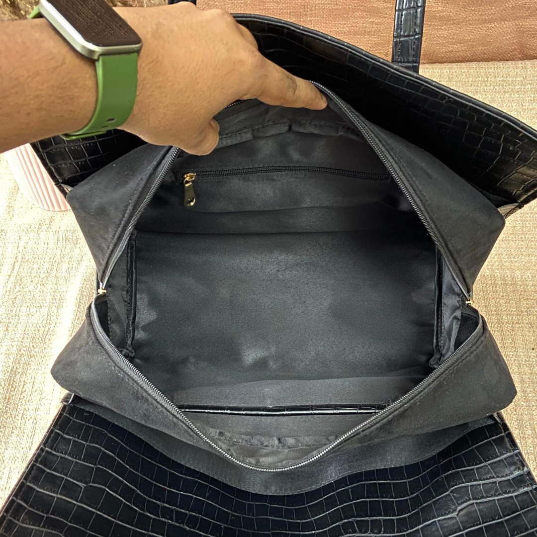 Black Croc Embossed with Black Swede Leera 16inch Bag + Big Wallet Combo