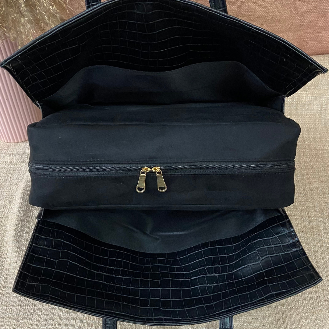 Black Croc Embossed with Black Swede Leera 12inch Bag