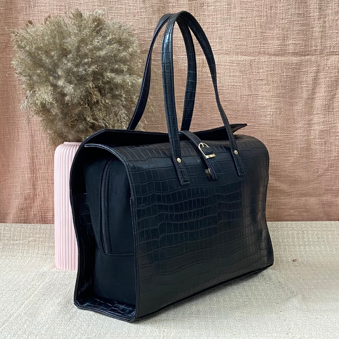 Black Croc Embossed with Black Swede Leera 16inch Bag + Big Wallet Combo