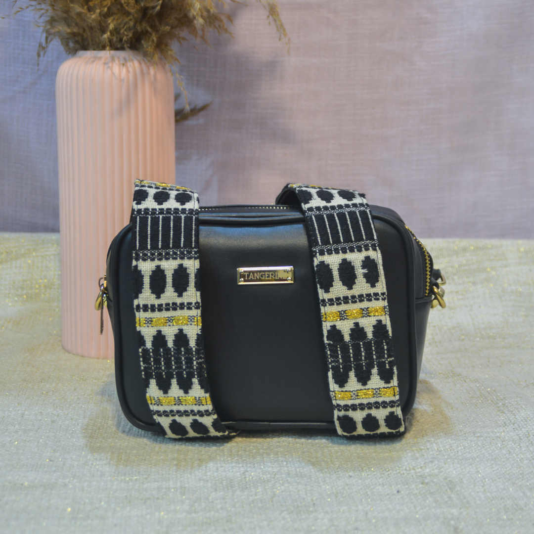 Black Dual Compartment Sling Bag with Black Bullet Belt.