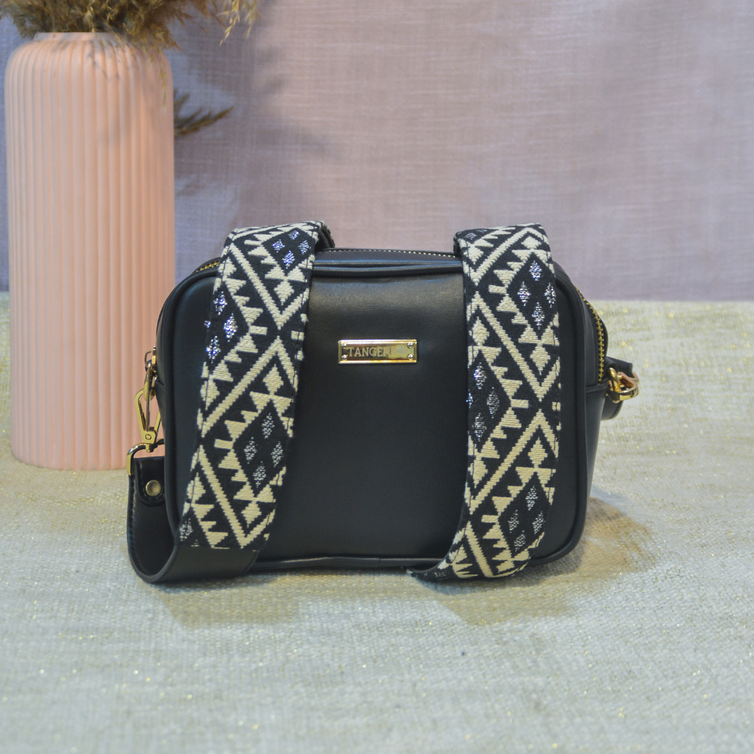 Black Dual Compartment Sling Bag with Black Diamond belt.