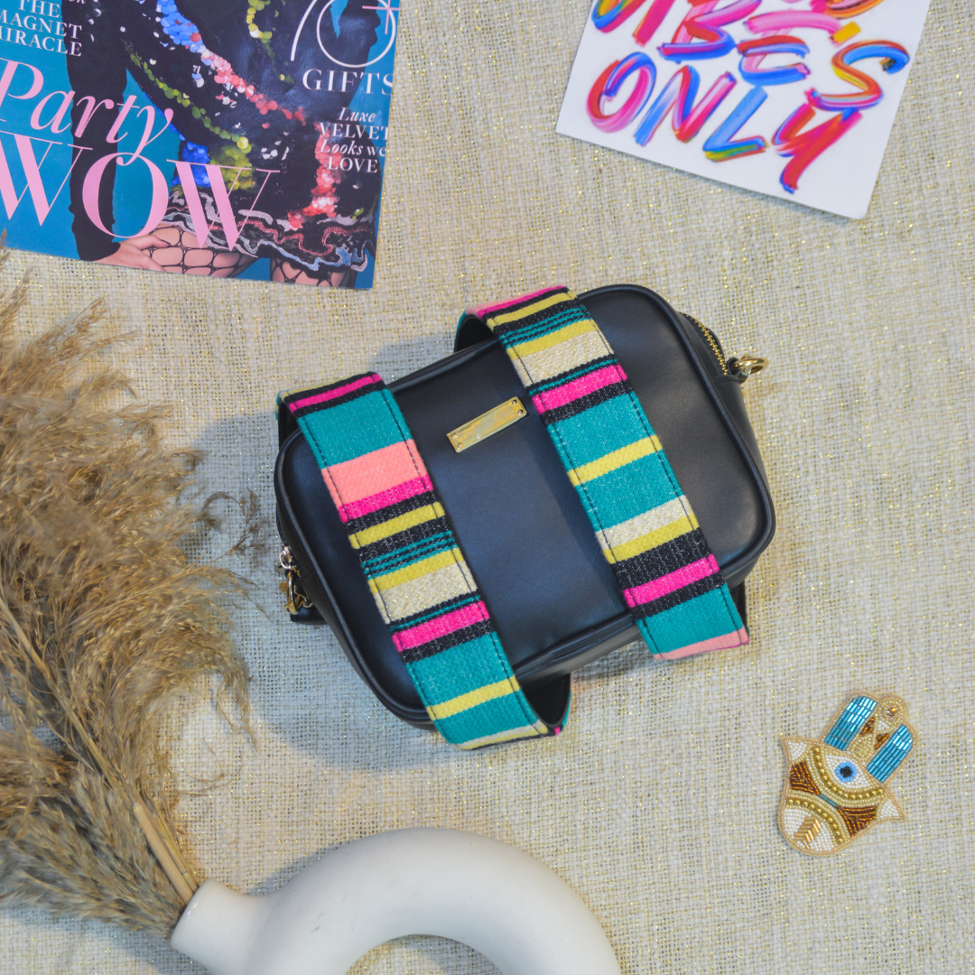 Black Dual Compartment Sling Bag with Black Multi-colour Belt