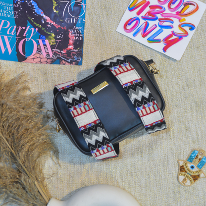 Black Dual Compartment Sling Bag with Black Tribal Belt