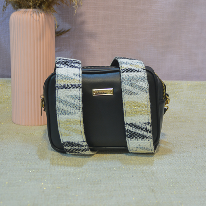 Black Dual Compartment Sling Bag with Black &amp; White Tribal Belt