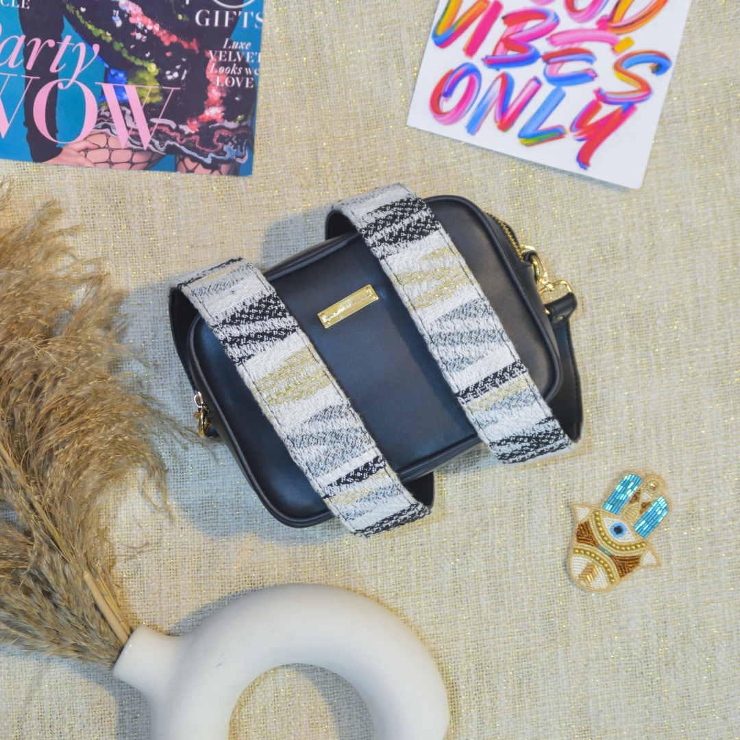 Black Dual Compartment Sling Bag with Black &amp; White Tribal Belt