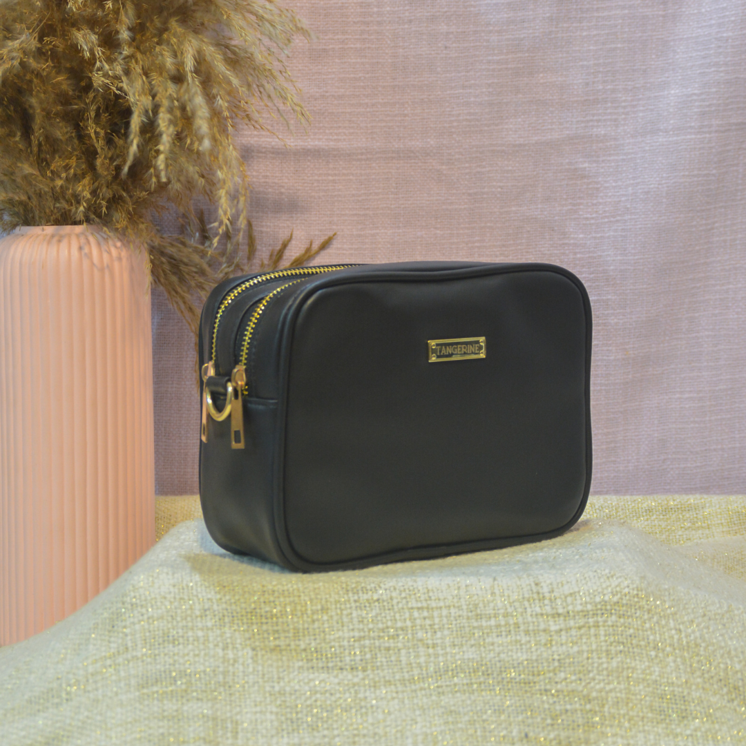 Black Dual Compartment Sling Bag with Black Tribal Belt