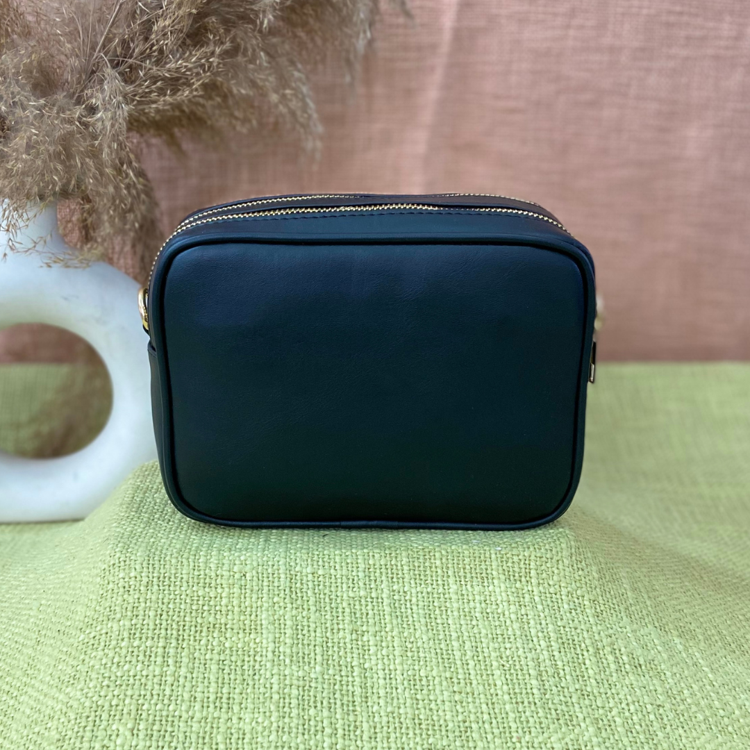 Black Dual Compartment Sling Bag with Black T-Shape Belt + Big &amp; Small Wallet Combo