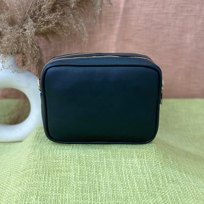 Black Dual Compartment Sling Bag with Black T-Shape Belt + Mini Wallet