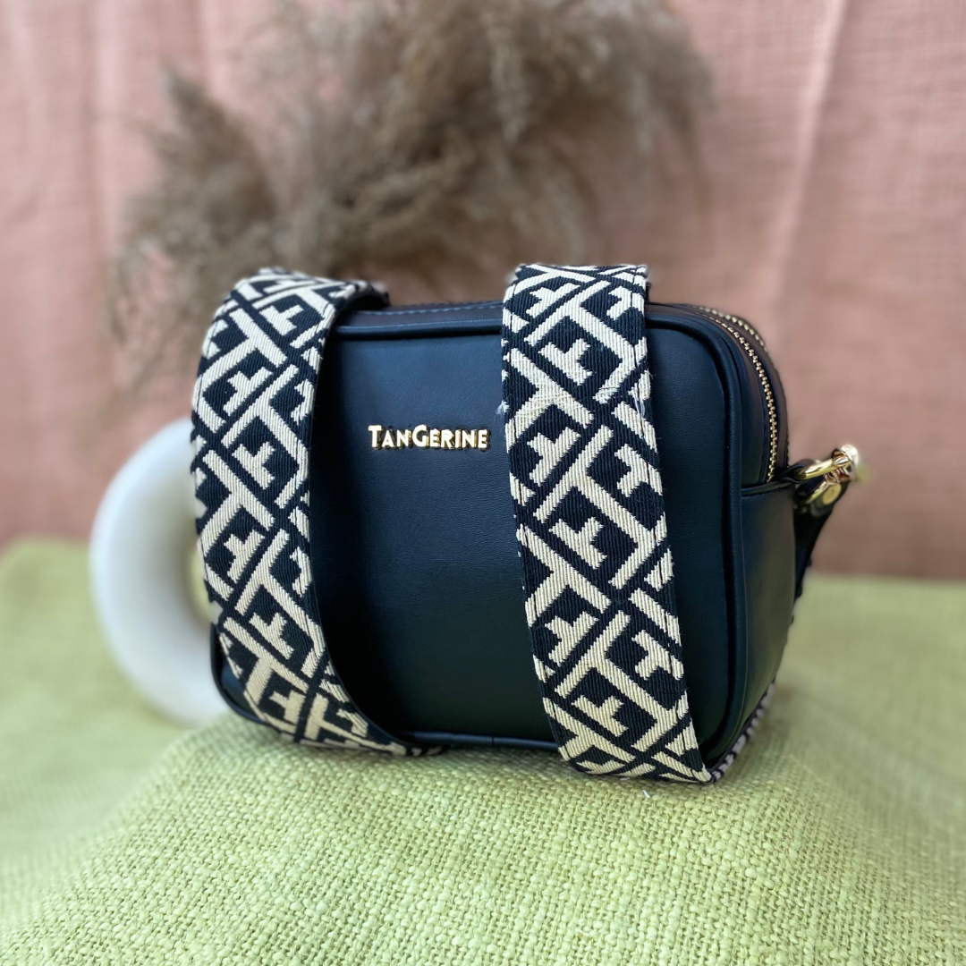 Black Dual Compartment Sling Bag with Black T-Shape Belt
