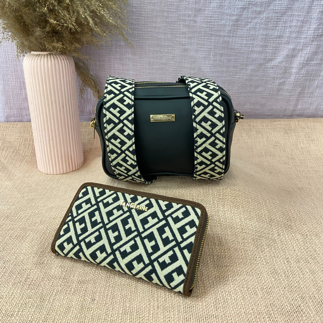 Black Dual Compartment Sling Bag with Black T-Shape Belt + Big &amp; Small Wallet Combo