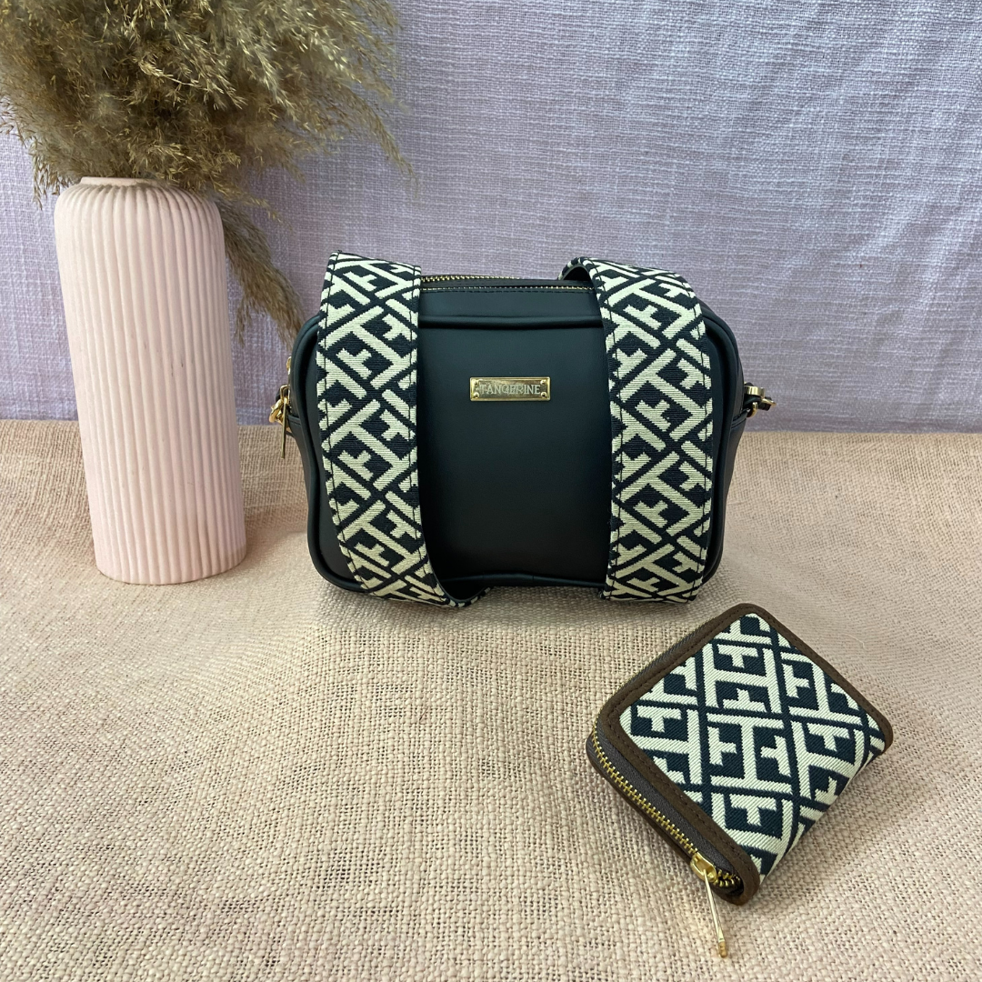 Black Dual Compartment Sling Bag with Black T-Shape Belt + Big &amp; Small Wallet Combo