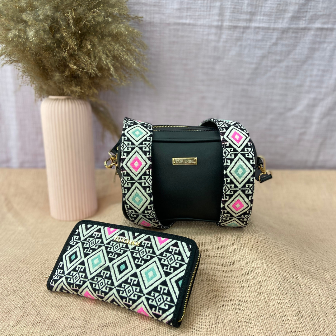 Black Dual Compartment Sling Bag with Black T-Shape Belt +Pink &amp; Mint Diamond+ Big Wallet
