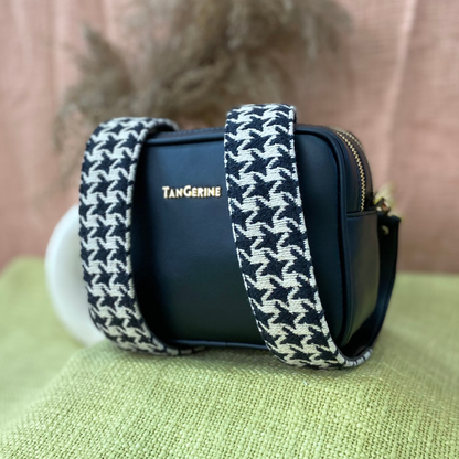 Black Dual Compartment Sling Bag with Black &amp; White Vintage Small Print Belt