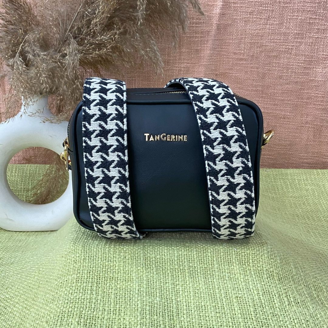 Black Dual Compartment Sling Bag with Black & White Vintage Small Print Belt + Big Wallet