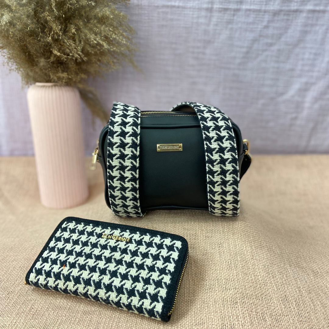 Black Dual Compartment Sling Bag with Black &amp; White Vintage Small Print Belt + Big Wallet