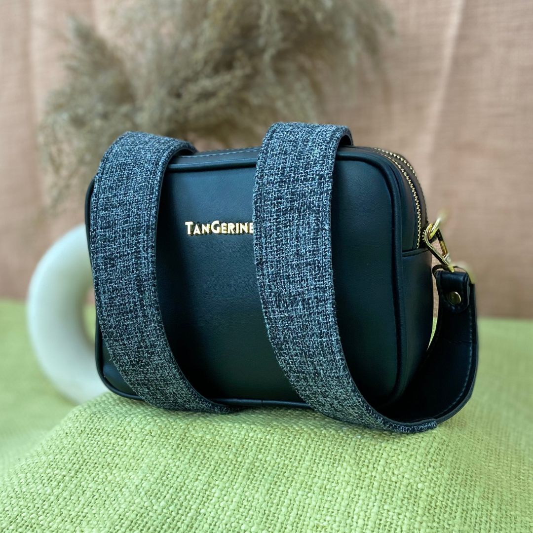 Black Dual Compartment Sling Bag with Charcoal Grey Belt