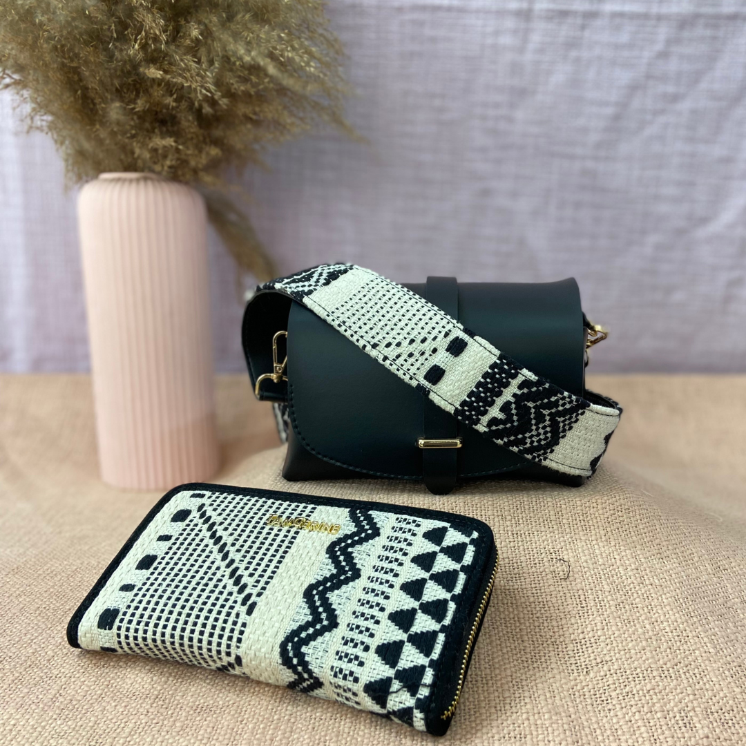 Black Eva Bag with Black &amp; White Tribal Belt + Big Wallet