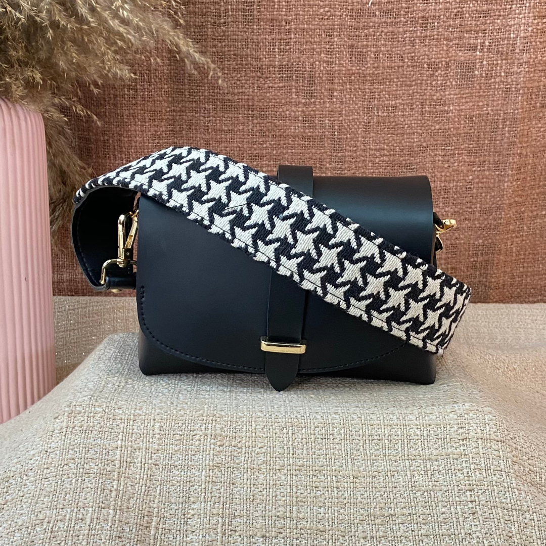 Black Eva Bag with Black & White Vintage Small Print Belt + Big Wallet