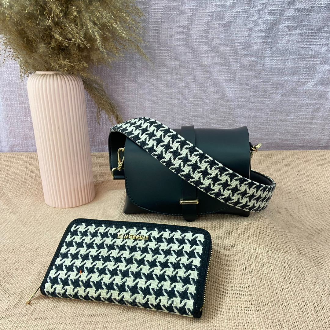 Black Eva Bag with Black &amp; White Vintage Small Print Belt + Big Wallet