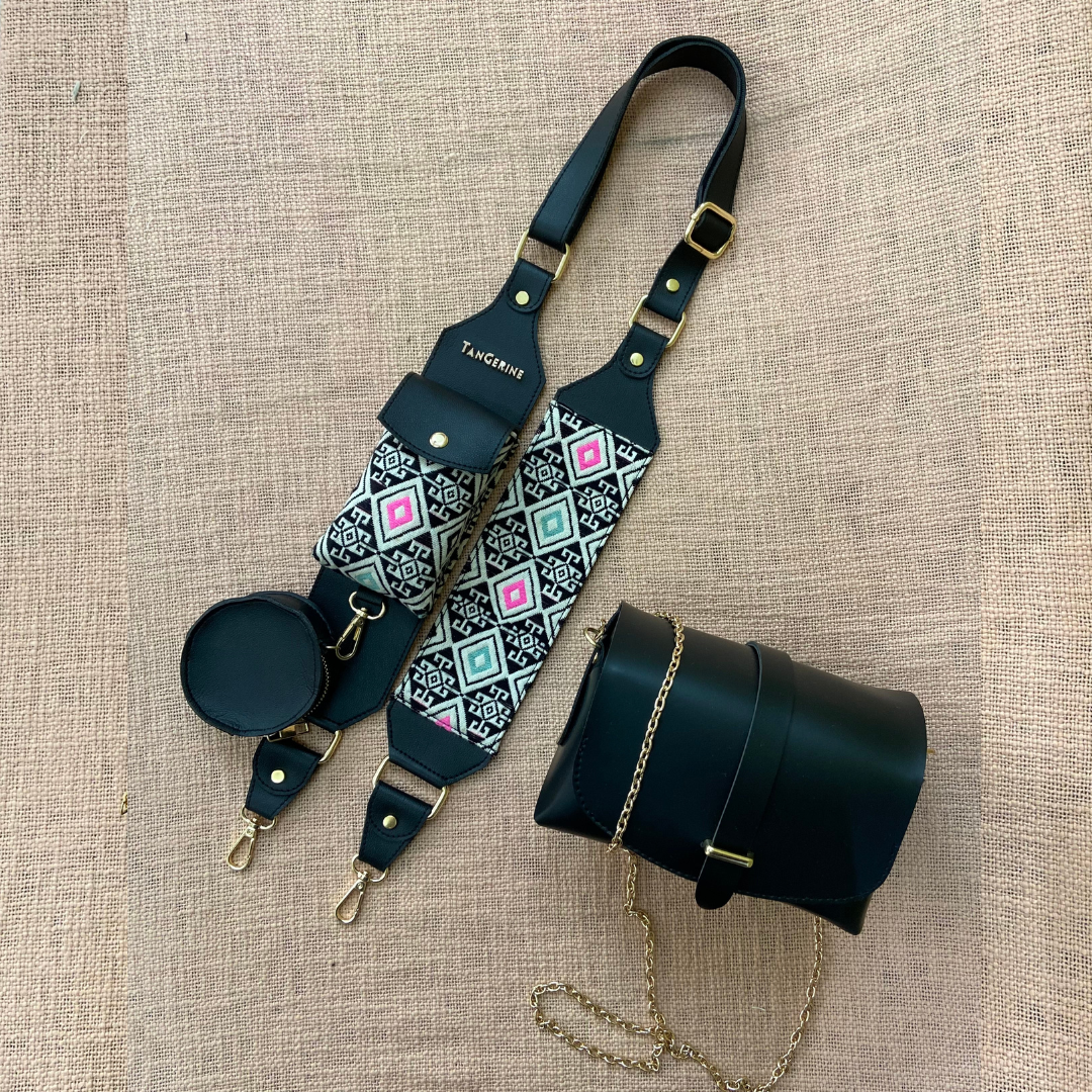 Black Eva + Black with Multi-Color Diamond Cloth on Pocket Pochette only Belt.
