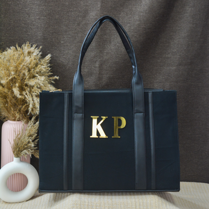Black Monogram Book Tote Metal Initials