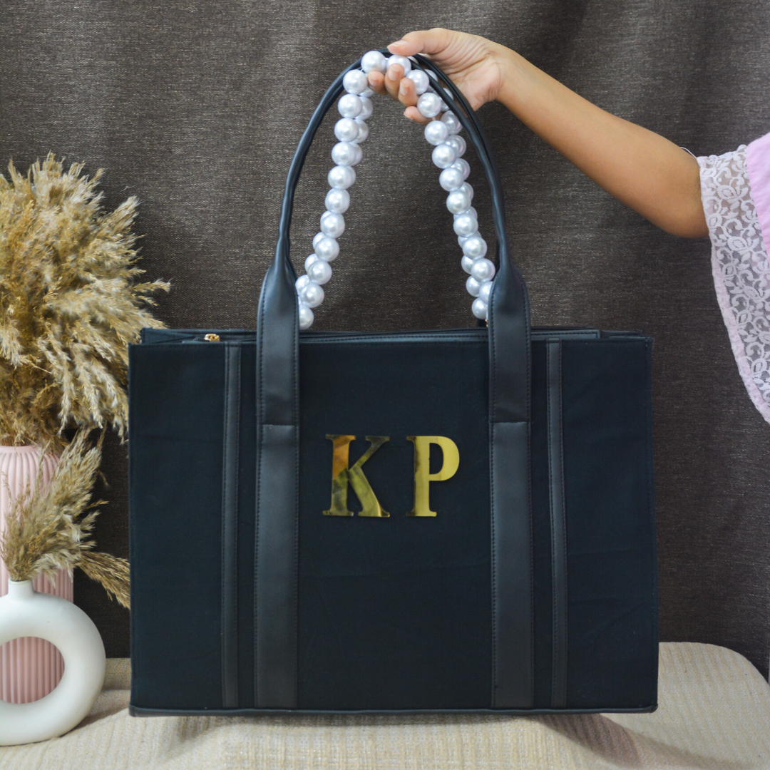 Black Monogram Book Tote Metal Initials