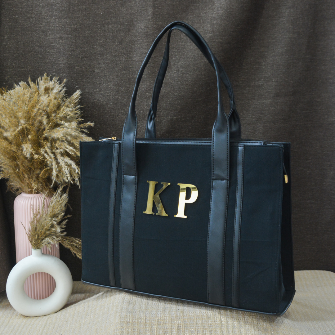 Black Monogram Book Tote Metal Initials