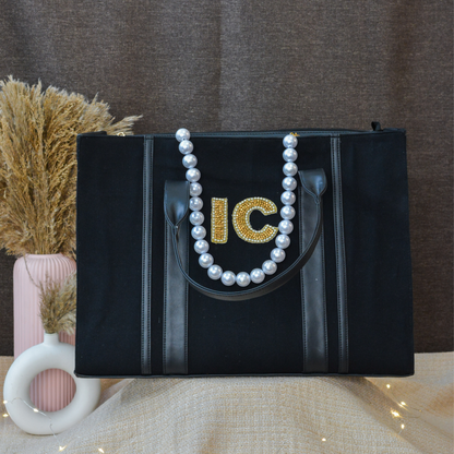Black Monogram Book Tote Handwork Initials