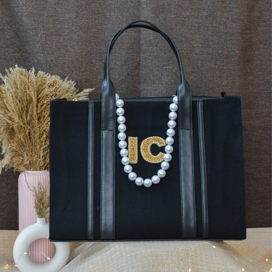 Black Monogram Book Tote Handwork Initials
