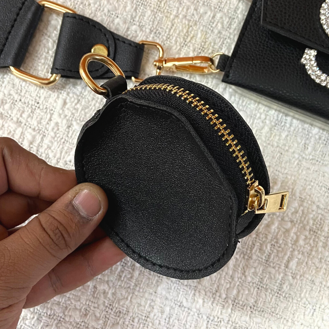 Black with Multi-Color Diamond Cloth on Pocket Pochette only Belt.