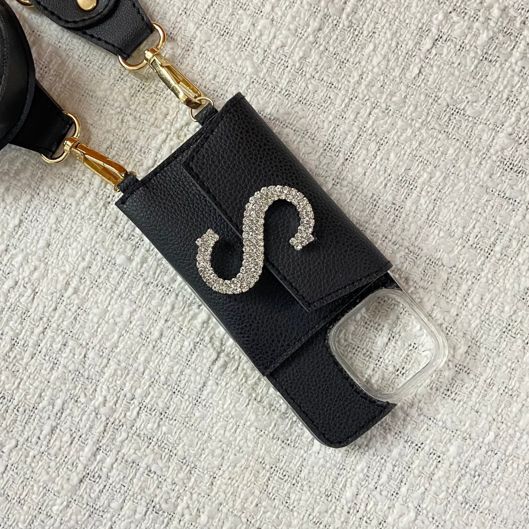 Black with Multi-Color Diamond Cloth on Pocket Pochette Belt with Phone Case