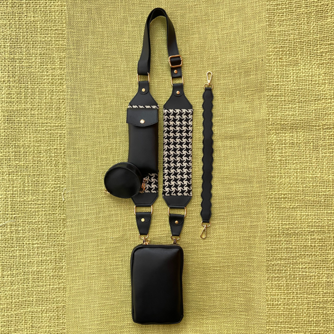 Black Pouch + Black &amp; White Vintage Small Print Pochette Belt.