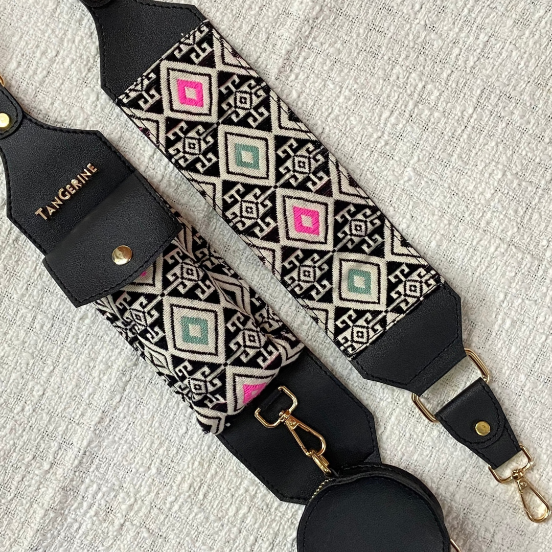 Black with Multi-Color Diamond Cloth on Pocket Pochette only Belt.