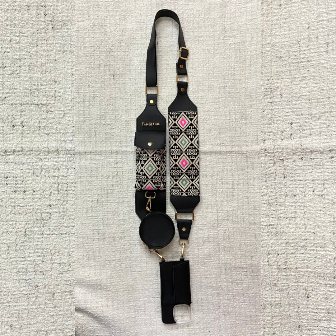 Black with Multi-Color Diamond Cloth on Pocket Pochette Belt with Phone Case