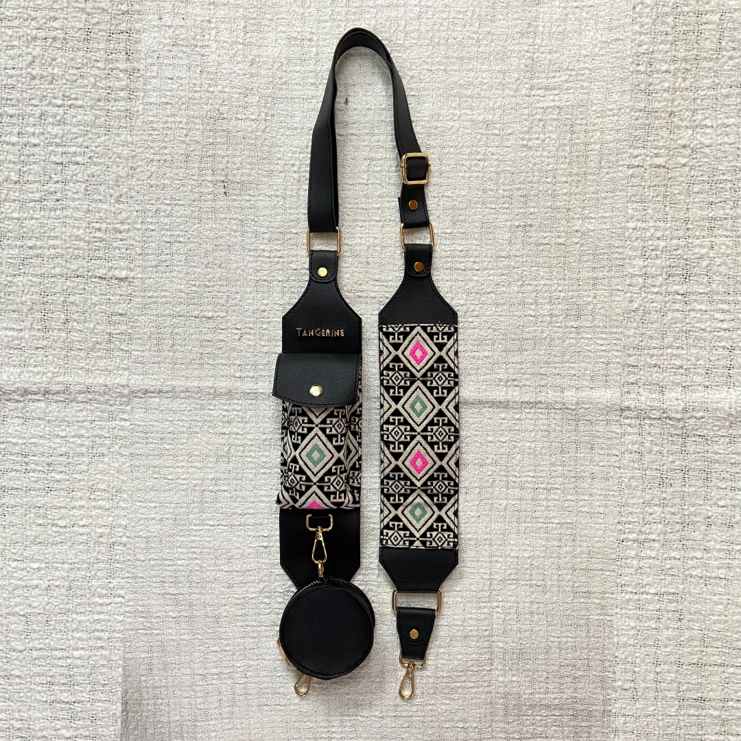 Black with Multi-Color Diamond Cloth on Pocket Pochette only Belt.