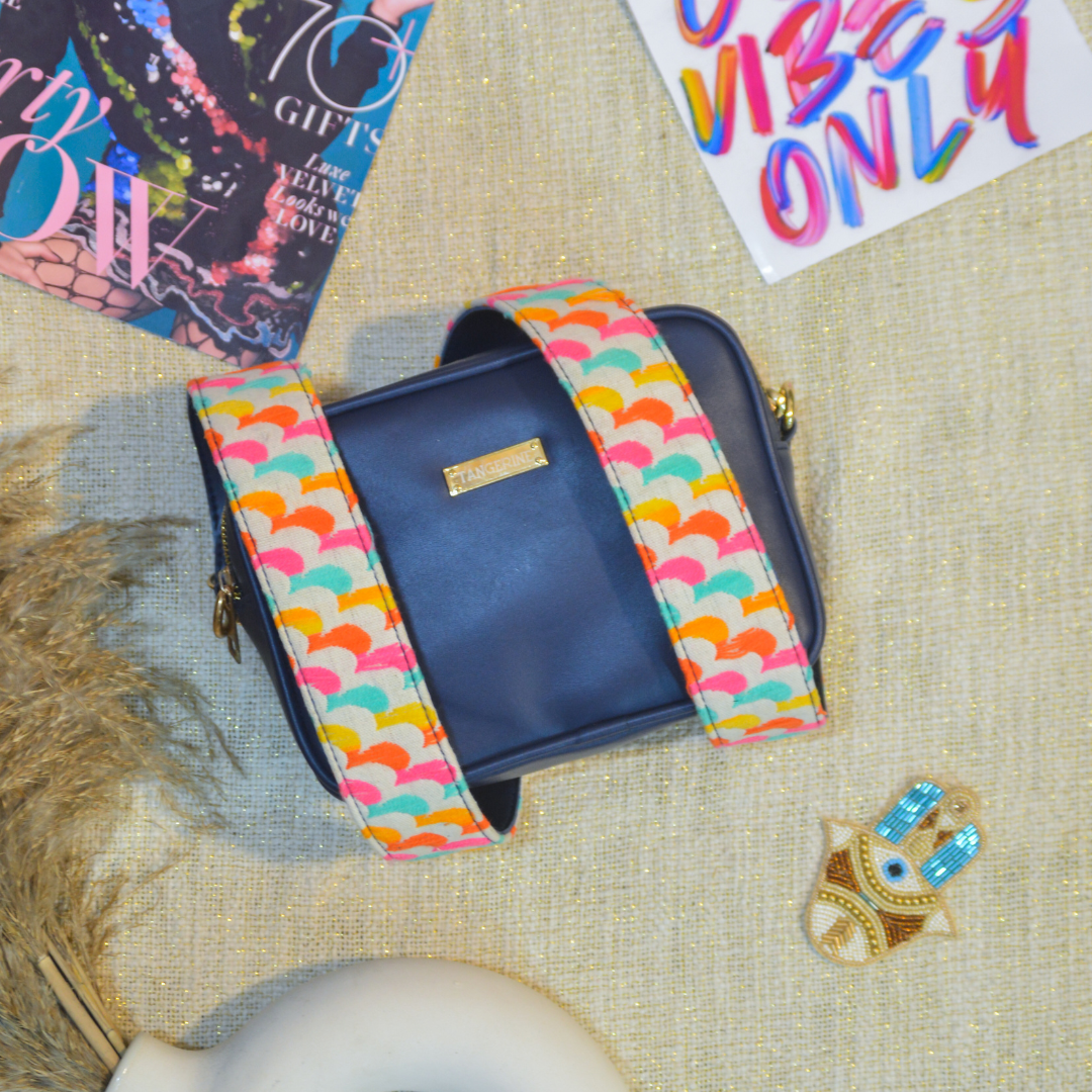 Blue Dual Compartment Bag with Blue Colourful Wave Belt + Big Wallet Combo